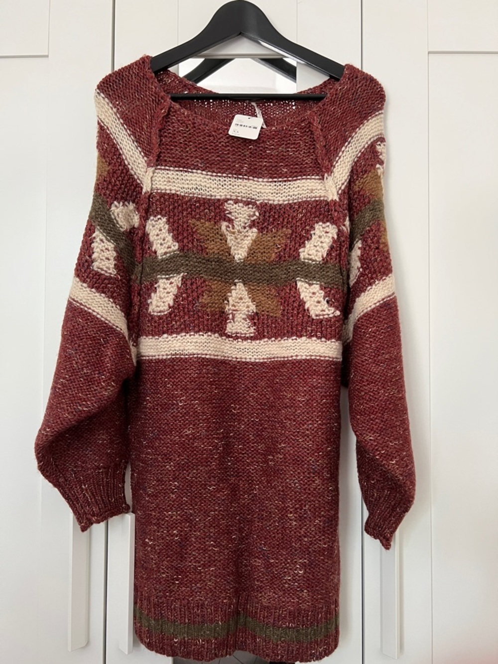 Free People Wool Blend Cozy Burgundy Patterned Knit Sweater Dress